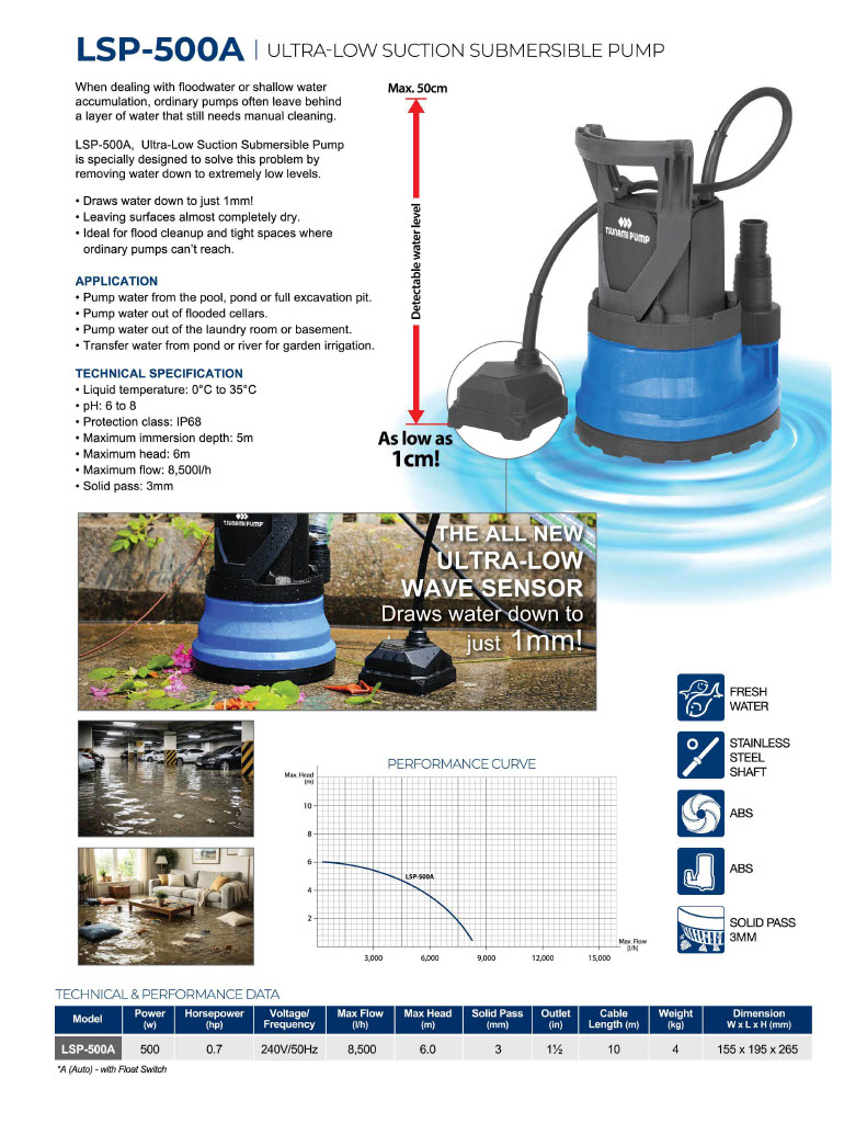 TSUNAMI ULTRA-LOW SUCTION SUBMERSIBLE PUMP LSP-500A - Image 2