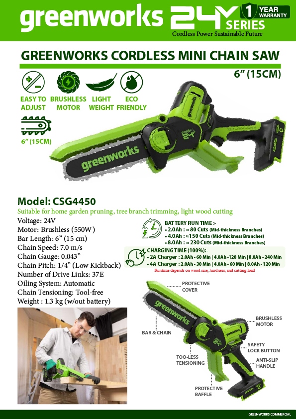 GREENWORKS 6" CORDLESS MINI CHAINSAW CSG4450 - Image 4