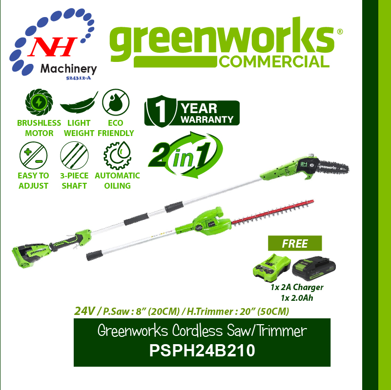 GREENWORKS 2IN1 CORDLESS POLE SAW AND HEDGE TRIMMER PSPH24B210 - Image 2