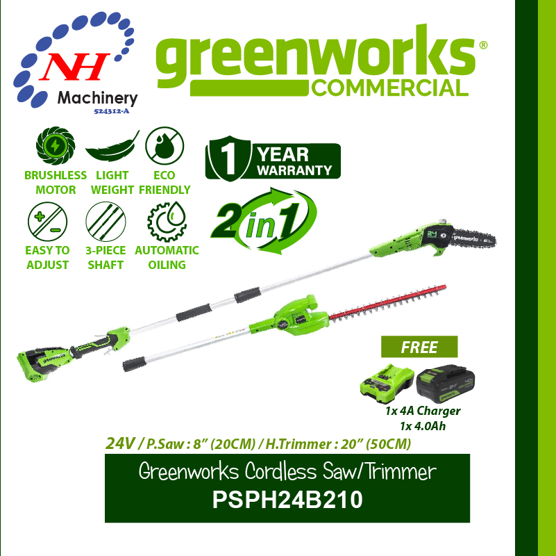 GREENWORKS 2IN1 CORDLESS POLE SAW AND HEDGE TRIMMER PSPH24B210 - Image 3